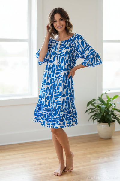 Raikas sinivalkoinen Milja-mekko. Susanne