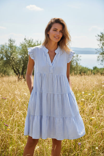Sininenvalkoraitainen Victoria mekko. Susanne