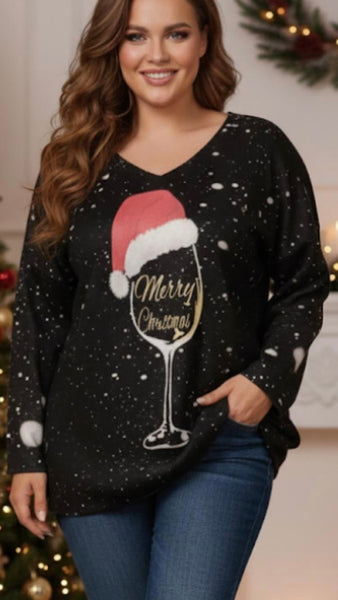  Tonttulakki lasissa-kuviollinen musta neulospaita. Susanne