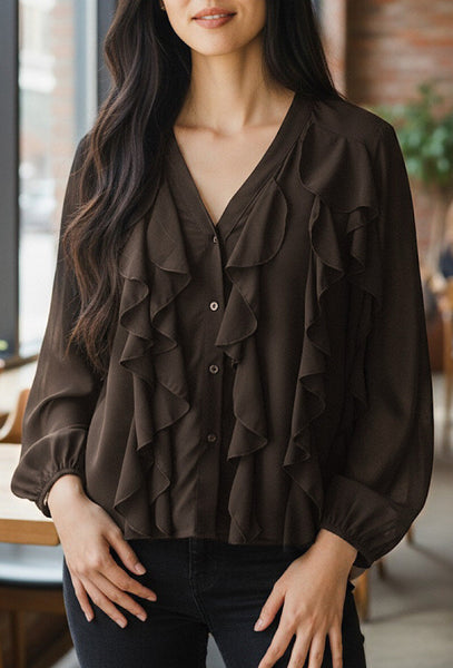 Ruskea FANELLA röyhelöinen paita, romanttisen chic.  Susanne